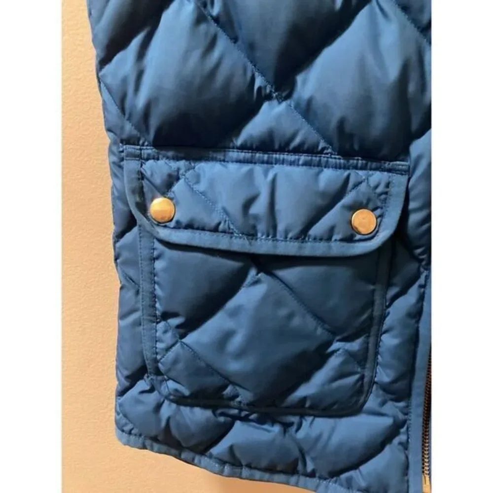 J. Crew Down Puffer Vest Quilted Blue‎ GOLD Hardware Sz XXS Patch Pockets